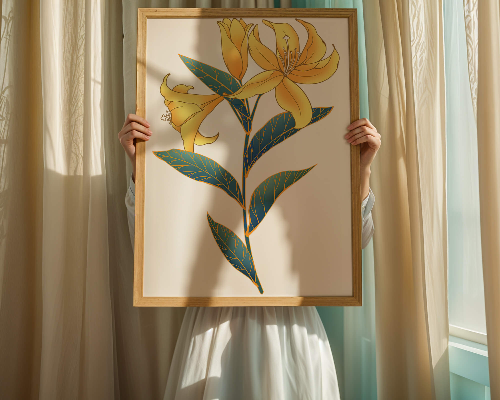 Elegant golden lily illustration with intricate leaf details