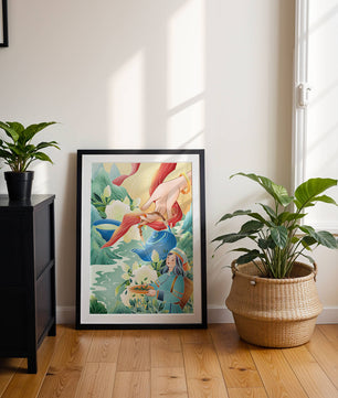 Escena ilustrativa de la cultura del té con montañas y elementos florales