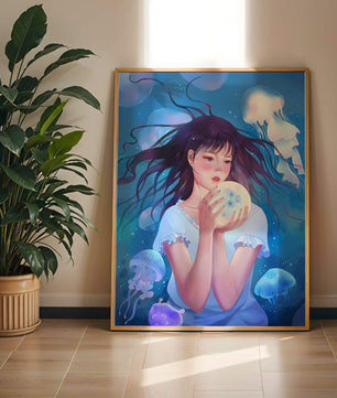 Enchanted underwater scene with girl and glowing jellyfish