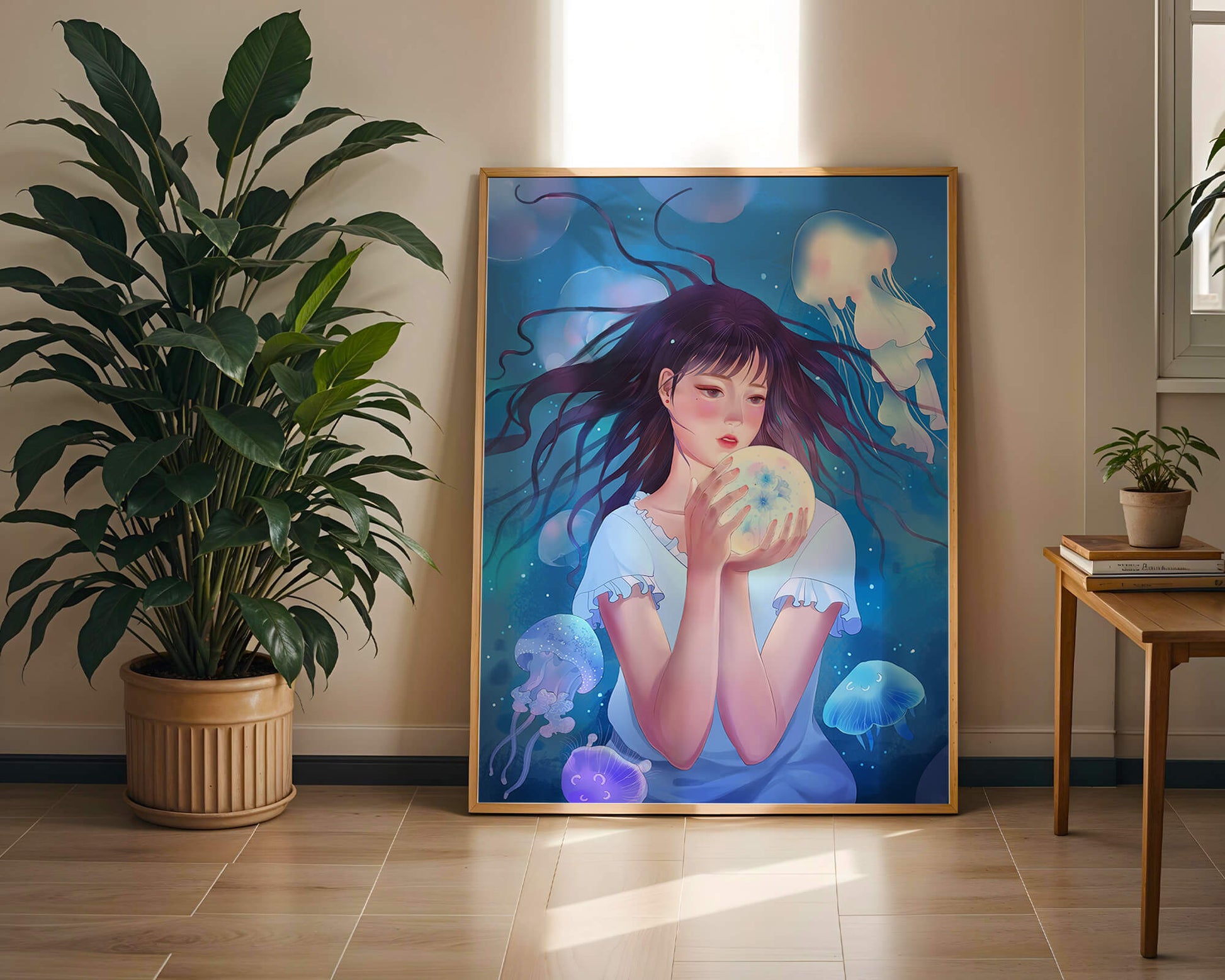 Enchanted underwater scene with girl and glowing jellyfish