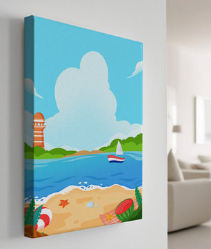 Escena costera de playa con faro y velero bajo un cielo azul claro