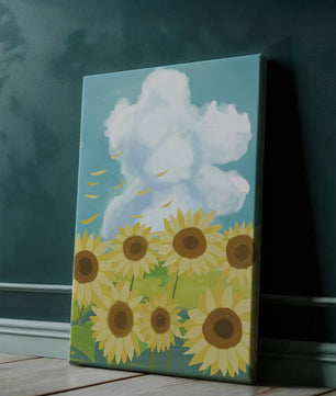 Sonnenblumen in einer hellen Wiese mit blauem Himmel und Wolken