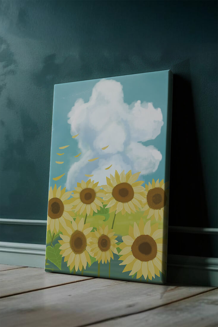 Girasoles en un prado brillante con cielo azul y nubes