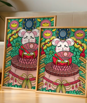Ratón decorativo encantador con elementos asiáticos y monedas sobre un fondo vibrante