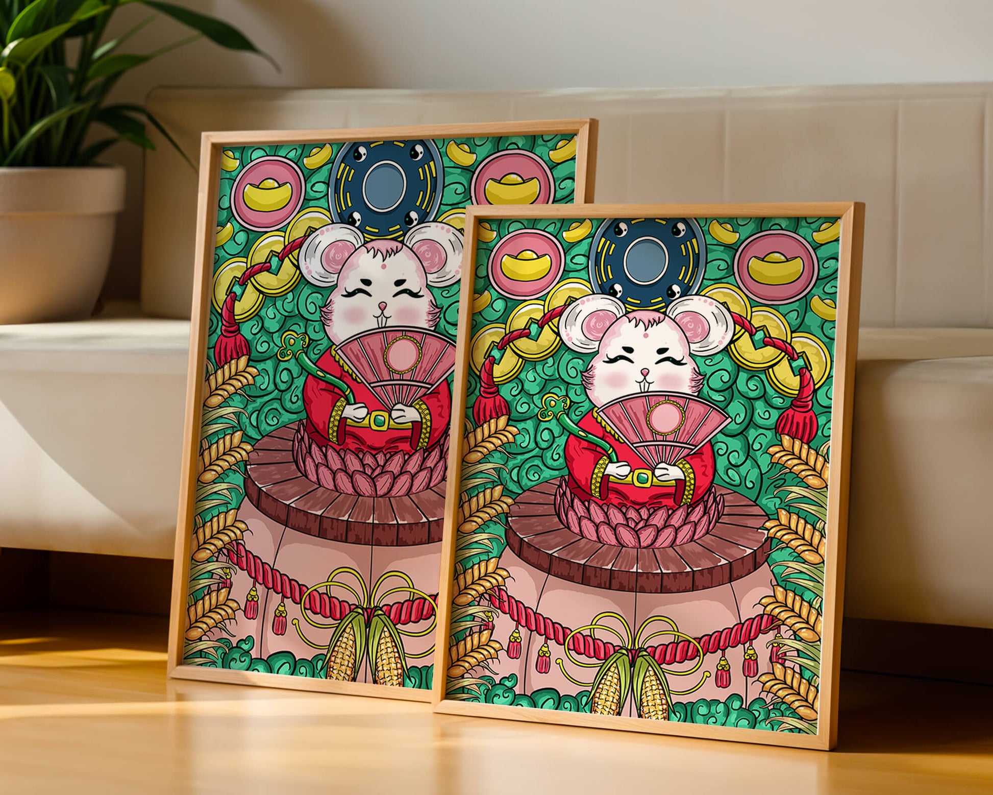 Encantador ratón decorativo con elementos asiáticos y monedas sobre un fondo vibrante.