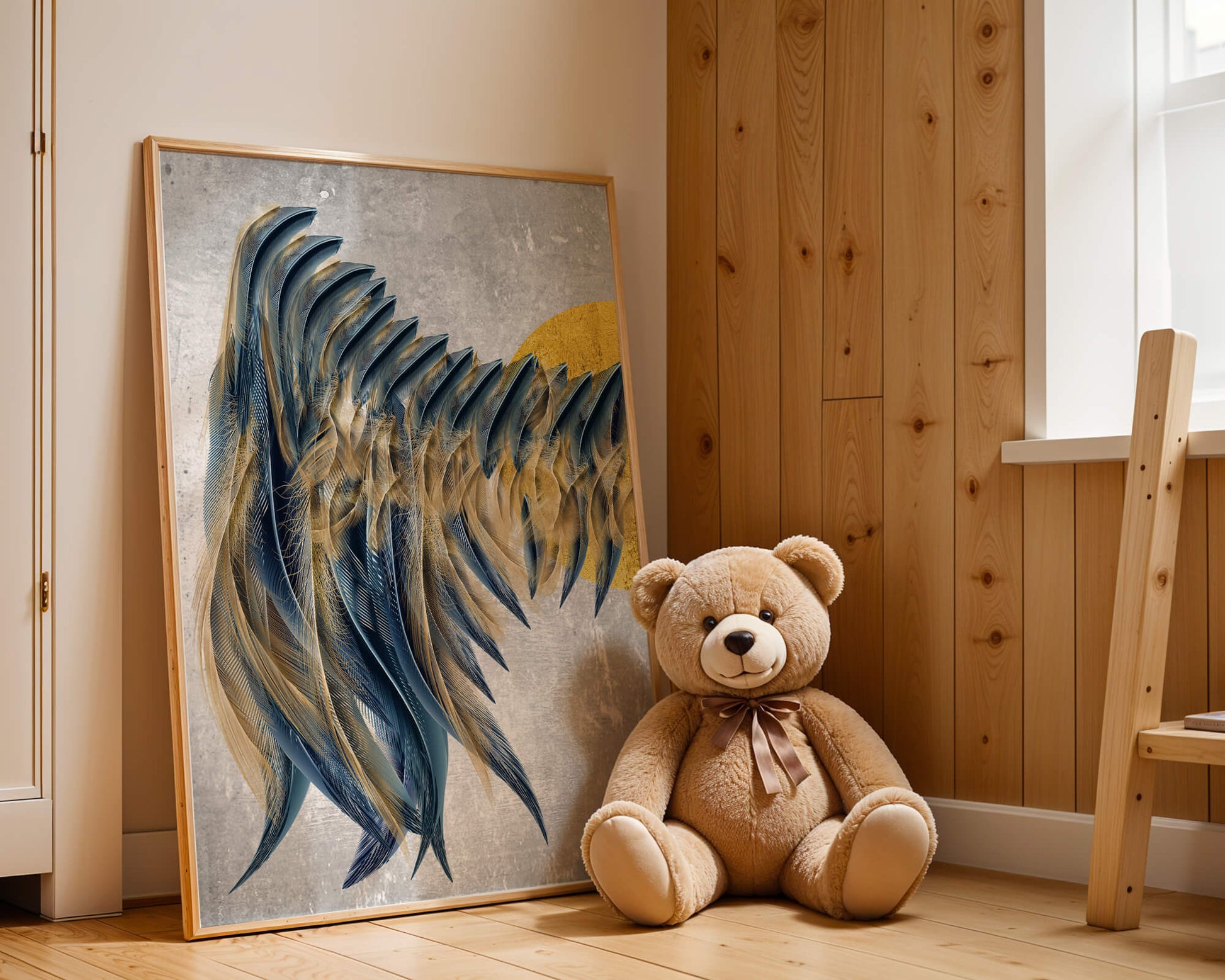 Arte abstracto de plumas con detalles dorados sobre fondo texturizado