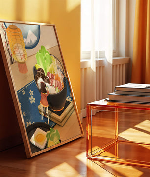 Illustration eines gemütlichen Winteressens mit Hot Pot und Zutaten