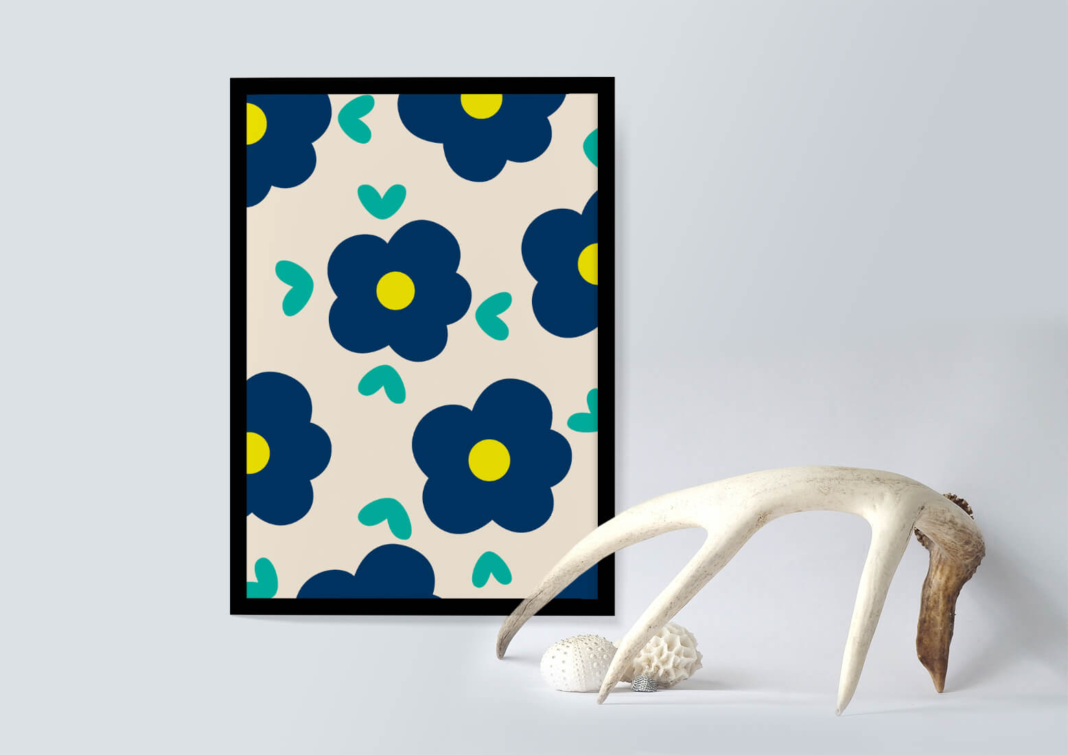 Blue floral pattern with yellow centers on cream background