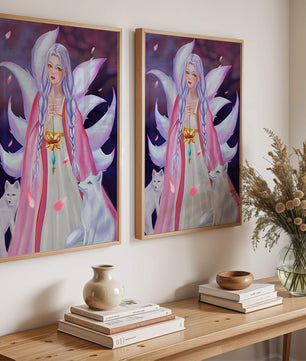 Fantasy art of ethereal figure with foxes and petals