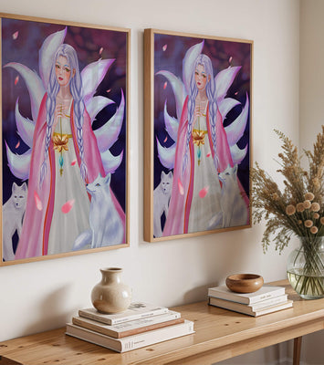 Fantasy art of ethereal figure with foxes and petals