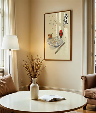 Illustration of dumplings with chopsticks and Asian calligraphy