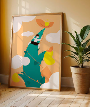 Man Climbing Giant Beanstalk Reaching to Sun in Minimalist Style - Mi tienda