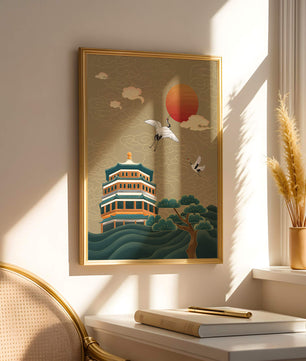 Traditional Asian artwork with cranes and pagoda under a red sun