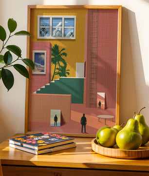 Surreale Architekturlandschaft mit tropischen Elementen und abstrakten Figuren