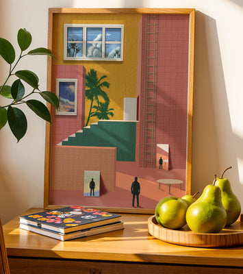 Surreal architectural landscape with tropical elements and abstract figures