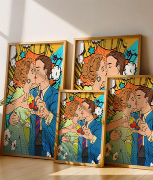 Ilustración de estilo pop art romántico de una pareja besándose con elementos cómicos