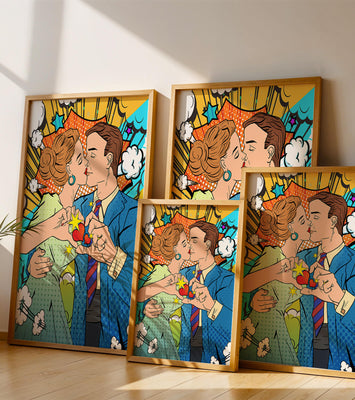 Romantic Pop Art Style Illustration of a Couple Kissing with Comic Elements