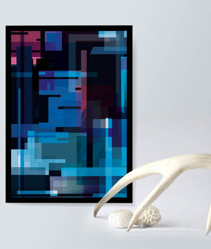 Arte digital geométrico abstracto con tonos azules y morados