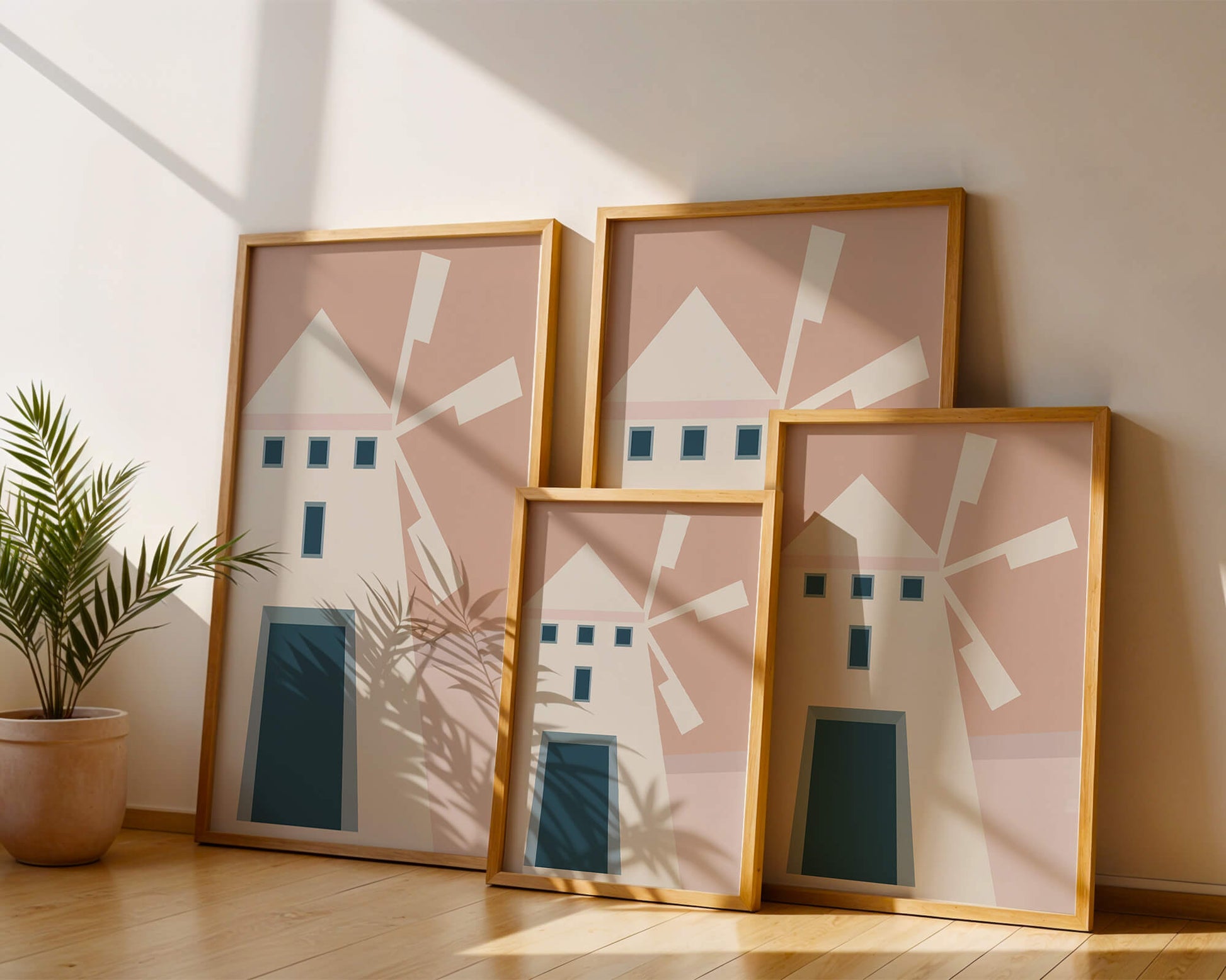 Minimalist geometric house illustration on pastel background