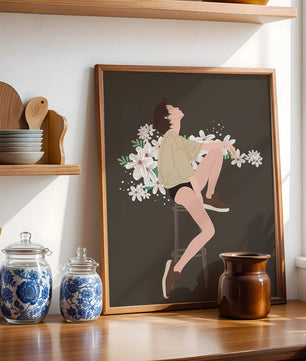 Illustration of a woman sitting on a stool surrounded by flowers