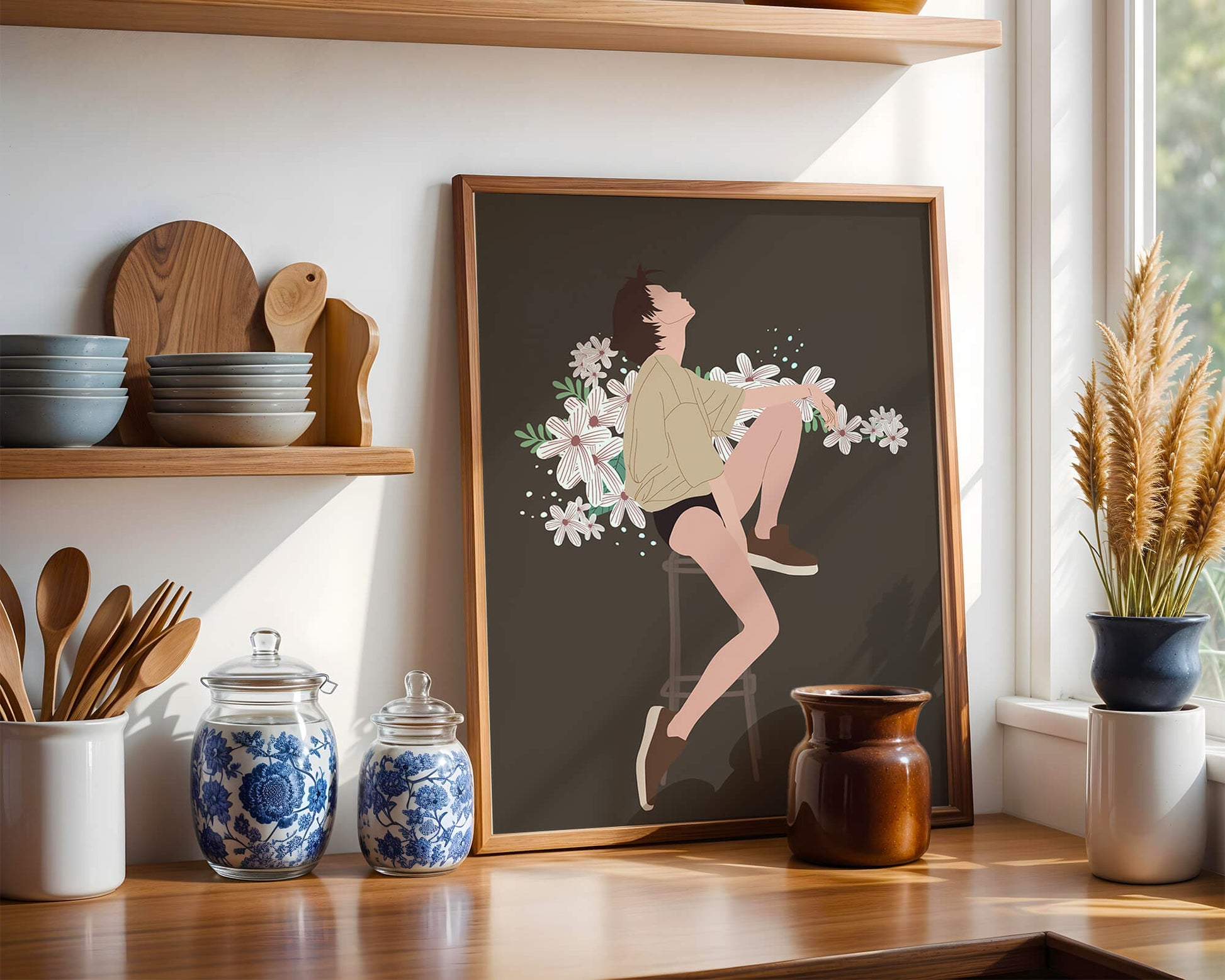 Illustration of a woman sitting on a stool surrounded by flowers