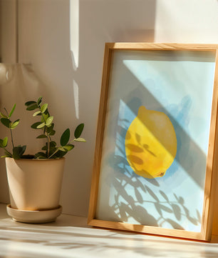 Obra de arte en acuarela de un limón sobre un fondo azul