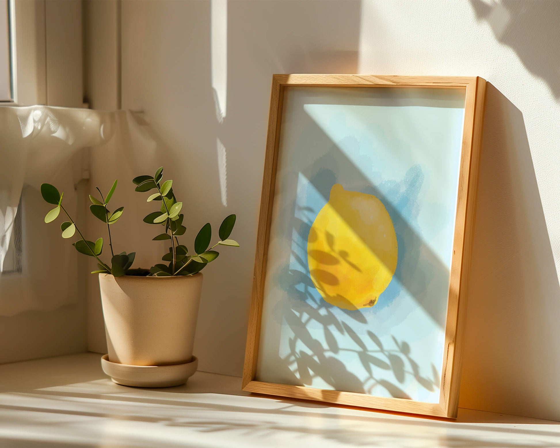 Watercolor artwork of a lemon on a blue background