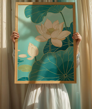 Lotus Flowers with Golden Accents on Aqua Background