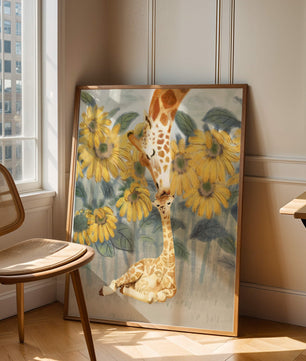 Pintura acuarela de jirafas y girasoles en una escena tierna de una familia de jirafas