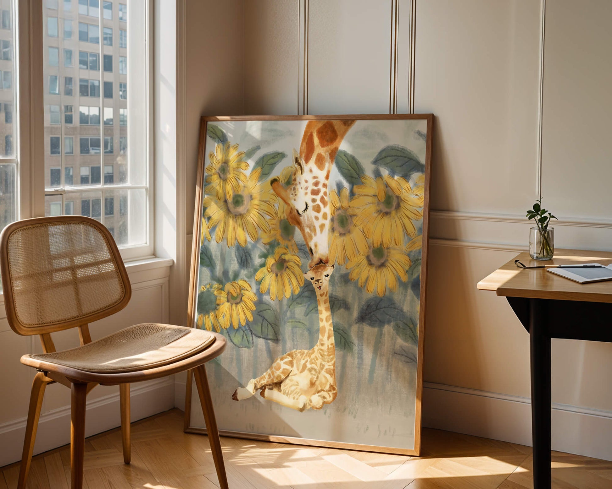 Giraffe and sunflowers watercolor painting of tender giraffe family scene