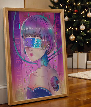 Chica cyberpunk futurista con colores neón y elementos de realidad virtual