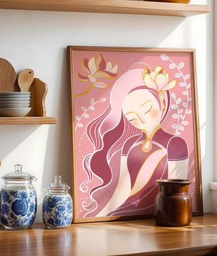 Elegant floral-themed female portrait with golden accents