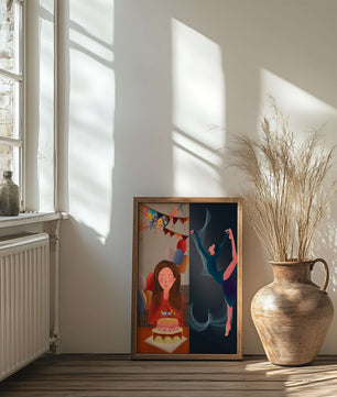 Geburtstagsfeier-Illustration mit Kuchen und Tanzfigur