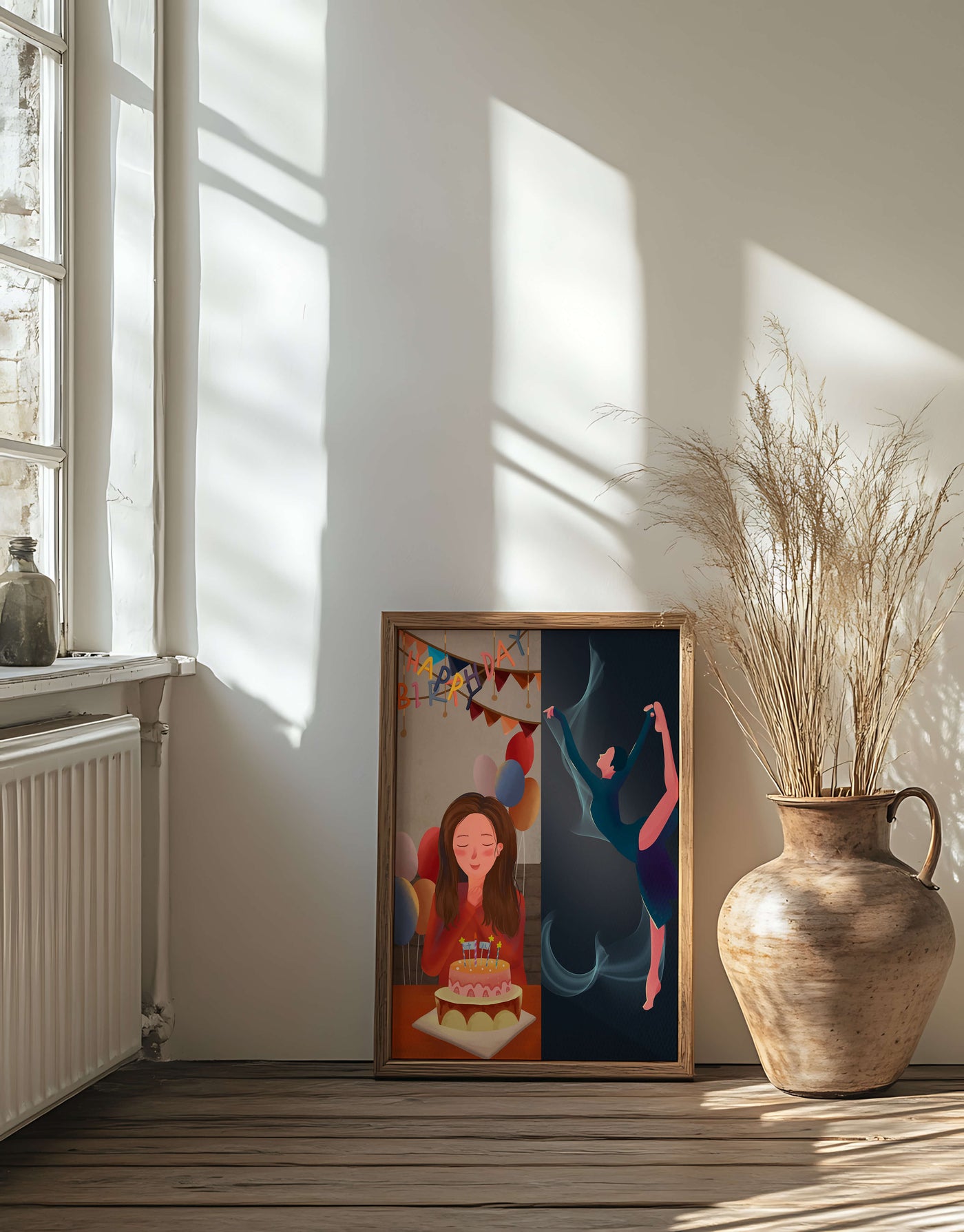 Birthday celebration illustration with cake and dancing figure