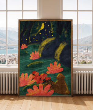 Mystical night garden with bright flowers and starlit sky