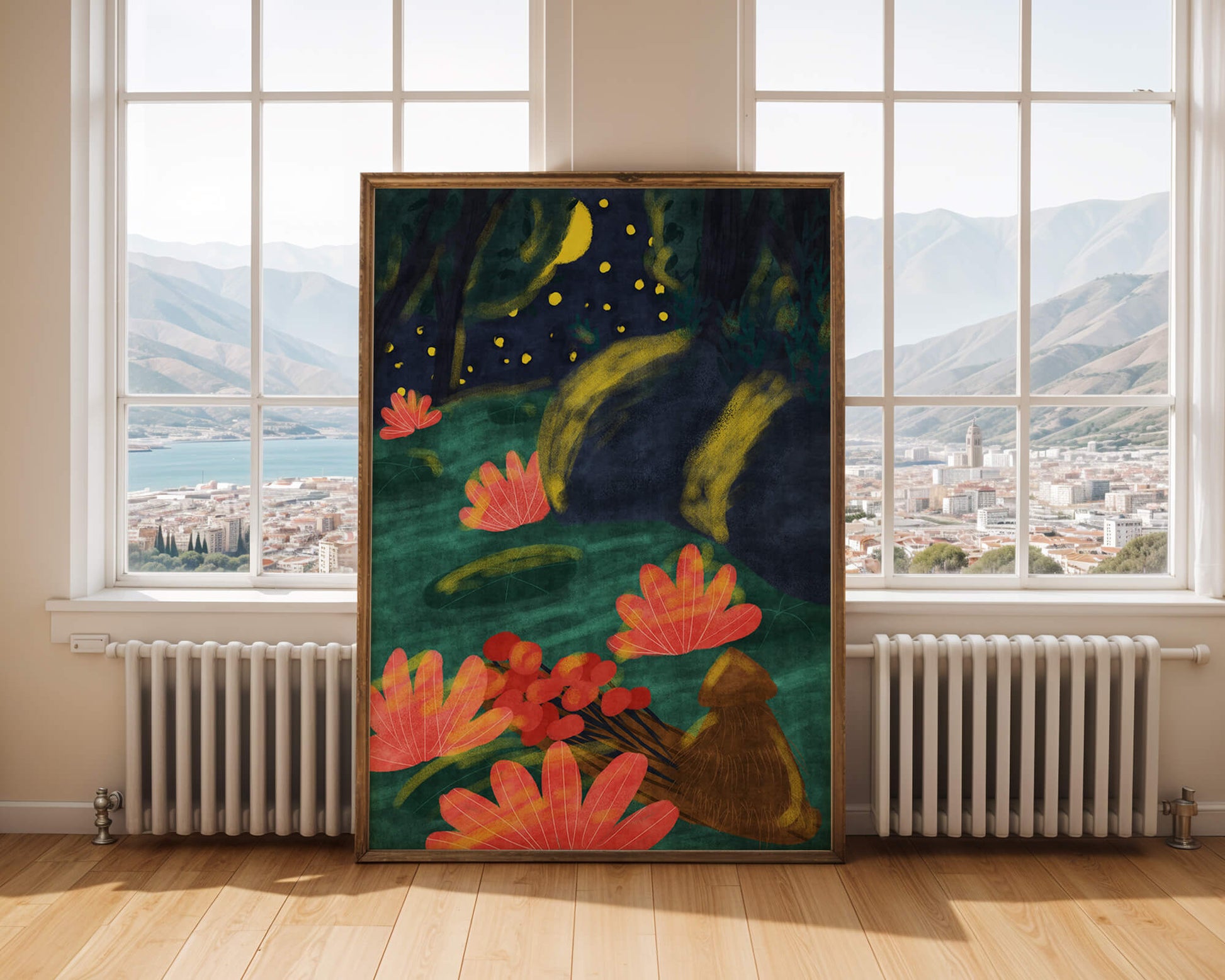 Mystical night garden with bright flowers and starlit sky