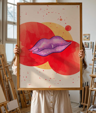 Vibrant Abstract Artwork Featuring Purple Lips on Watercolor Background