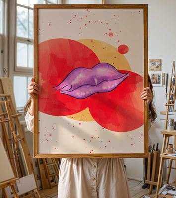 Vibrant Abstract Artwork Featuring Purple Lips on Watercolor Background
