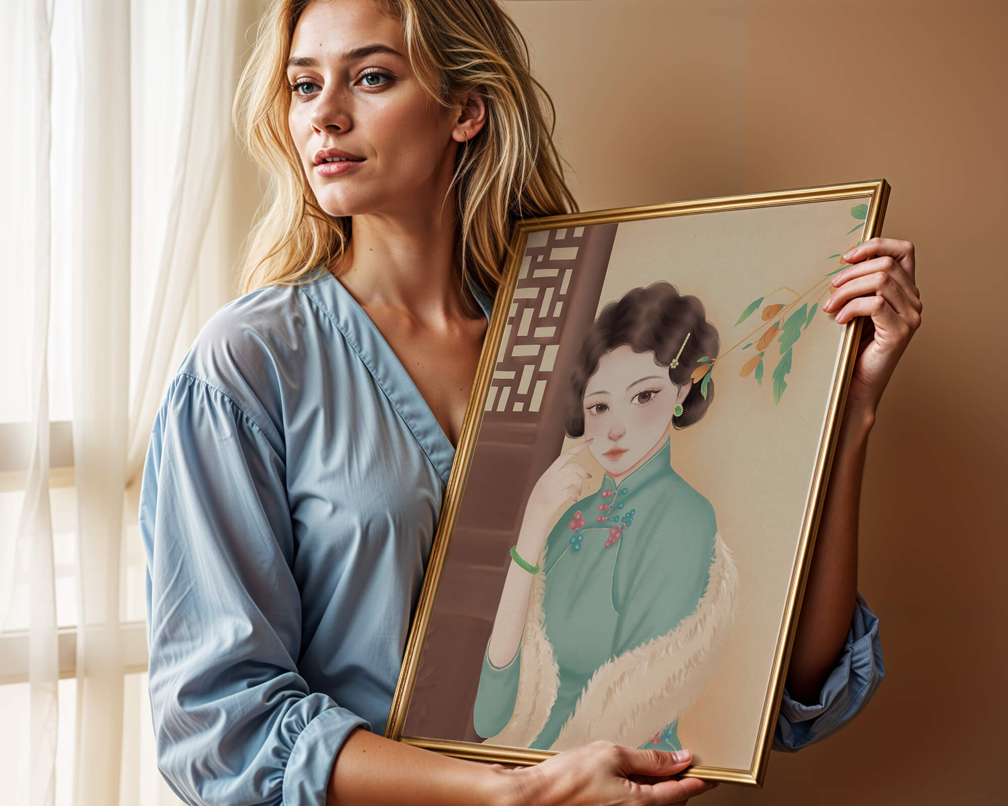 Elegant portrait of a woman in traditional attire with jade accessories