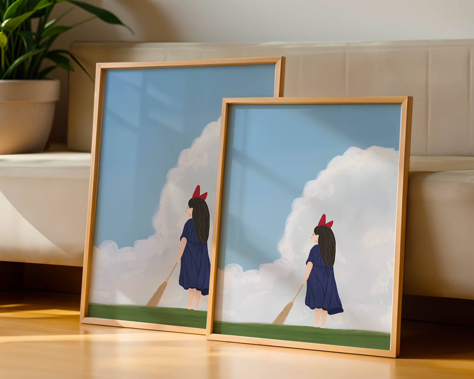 Junges Mädchen steht auf Gras mit Besen unter blauem Himmel
