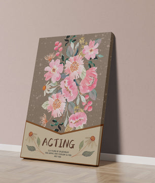 Ilustración acuarela floral con texto motivacional sobre un fondo marrón punteado