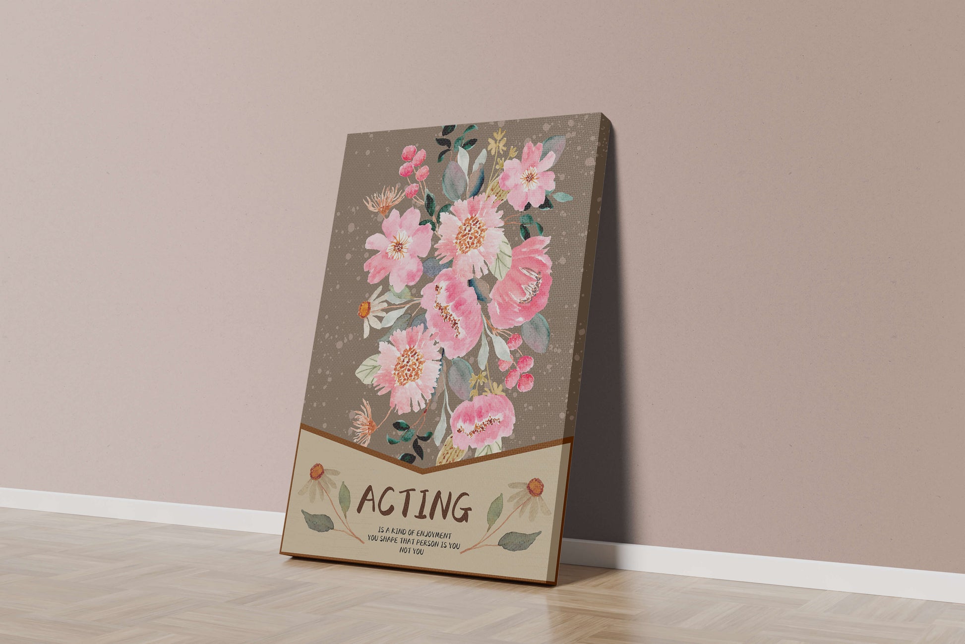 Floral watercolor illustration with motivational text on a brown dotted background