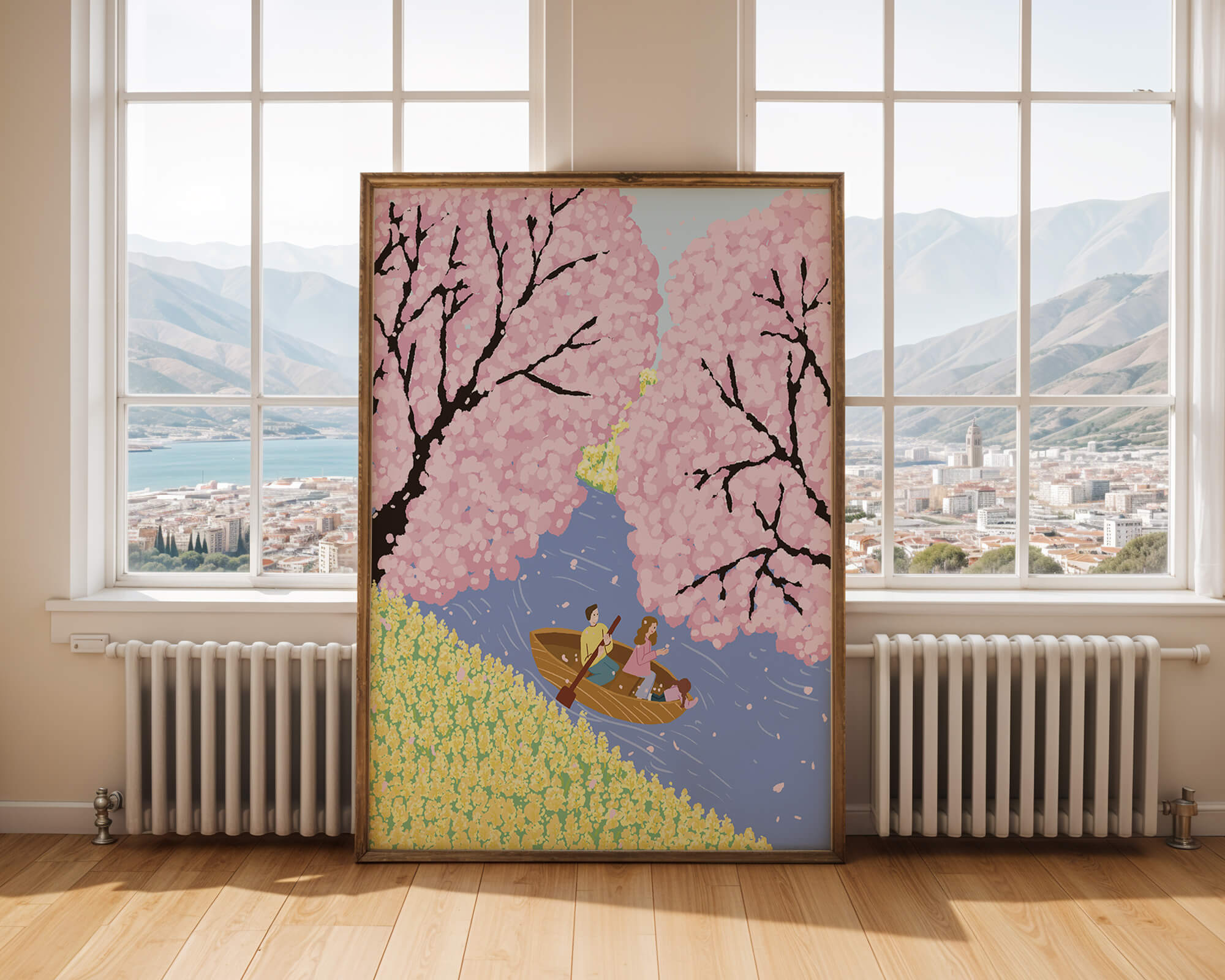 Family Rowing on Serene River with Cherry Blossoms
