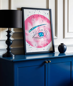 Abstract Eye Illustration with Pink Background and Blue Accents - Mi tienda