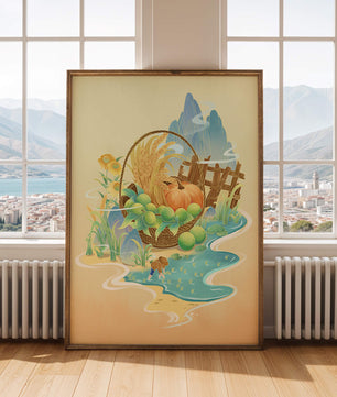 Ilustración con tema de cosecha con una cesta de productos y un fondo panorámico.