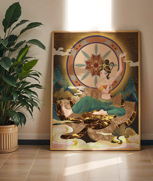 Elegant illustration of a serene woman in traditional clothing with a golden backdrop