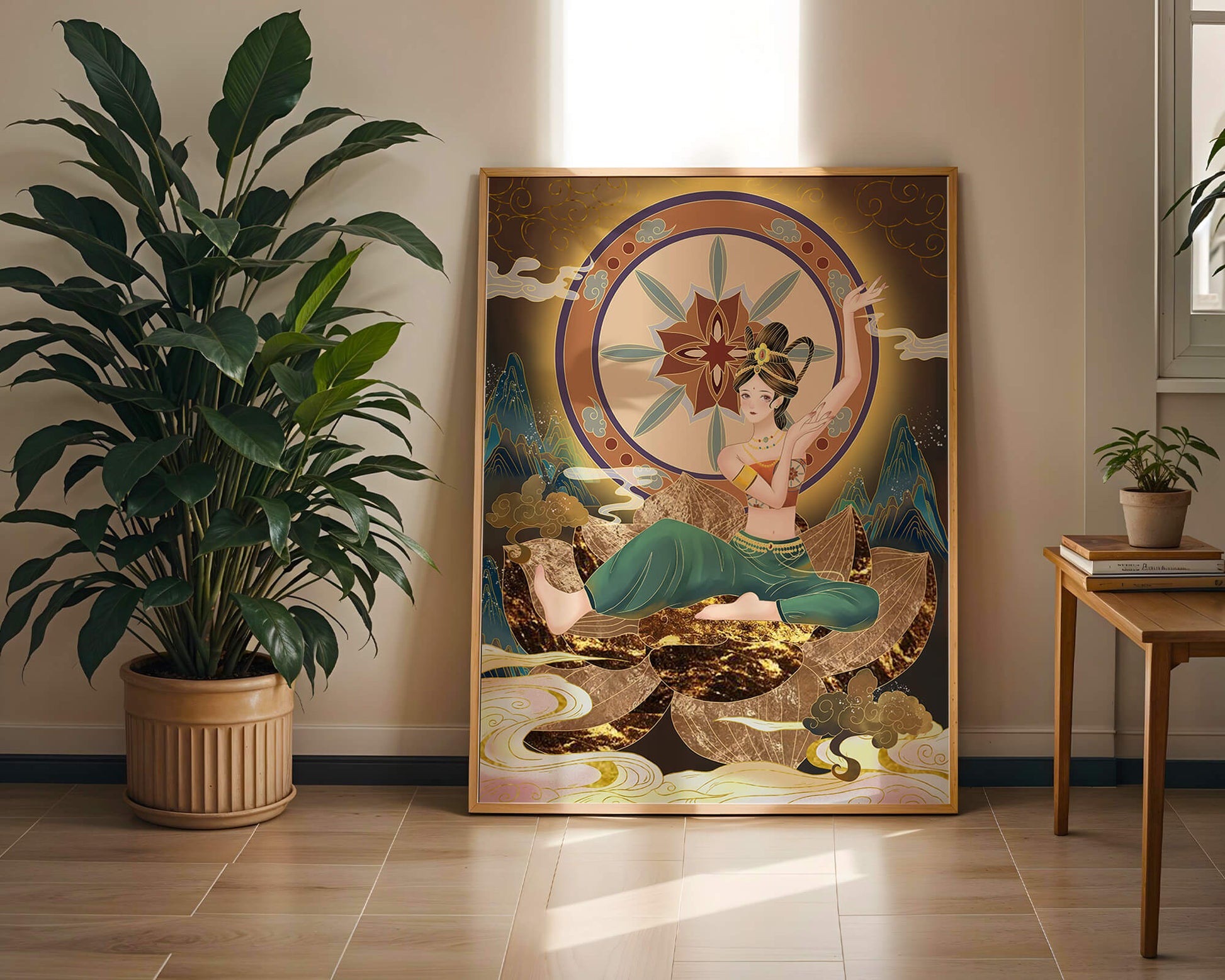 Elegant illustration of a serene woman in traditional clothing with a golden backdrop