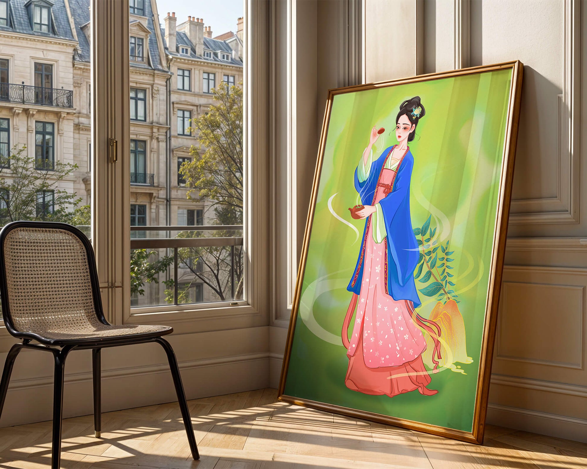 Diseño elegante de mujer en vestimenta tradicional del Este Asiático