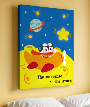 Colorful cartoon airplane with stars and planets in space