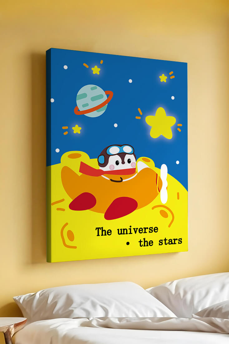 Colorful cartoon airplane with stars and planets in space